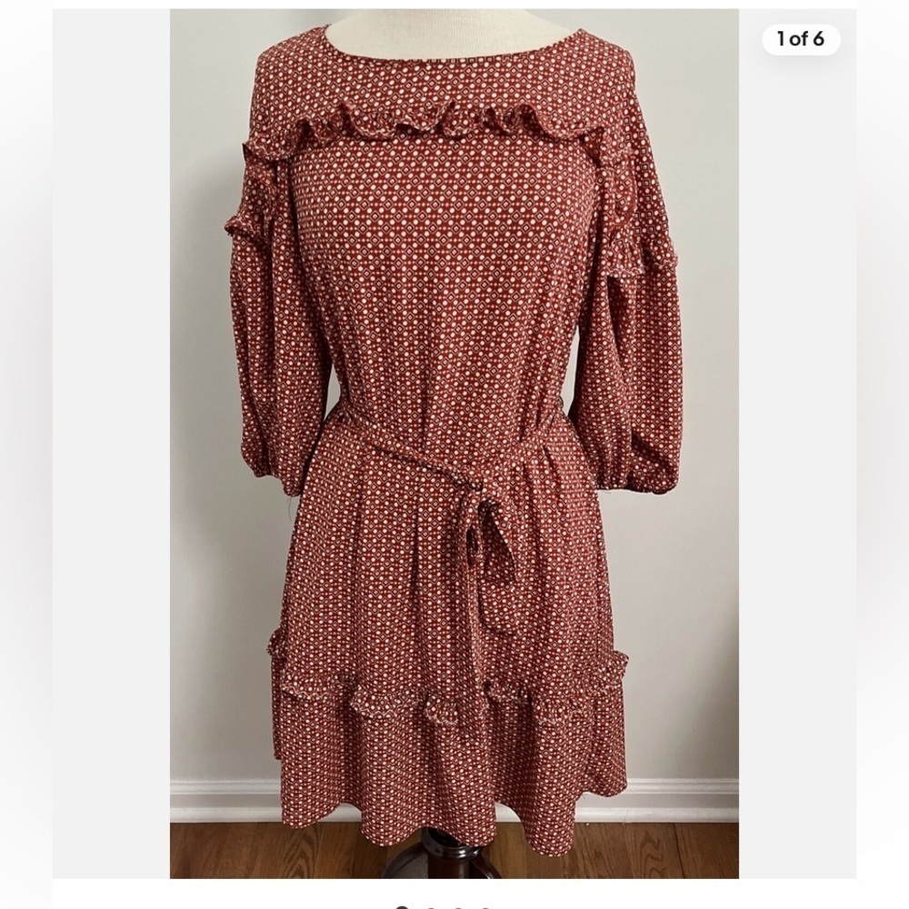 Max Studio Rust color Ruffle shirt dress with optional tie belt at waist size M